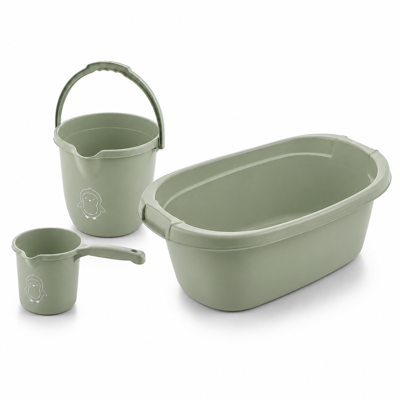 3’lü Bebek Banyo Yıkama Seti - 40 Litre Bebek Yıkama Küveti - Bebek Banyo Su Kovası - Maşrapa Yeşil dekupe wumboo-color-yesil