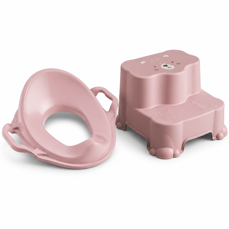 Çocuk Tuvalet Alıştırma Seti - Kaydırmaz 2 Katlı Basamak ve Kulplu Klozet Adaptörü Pembe dekupe wumboo-color-pembe