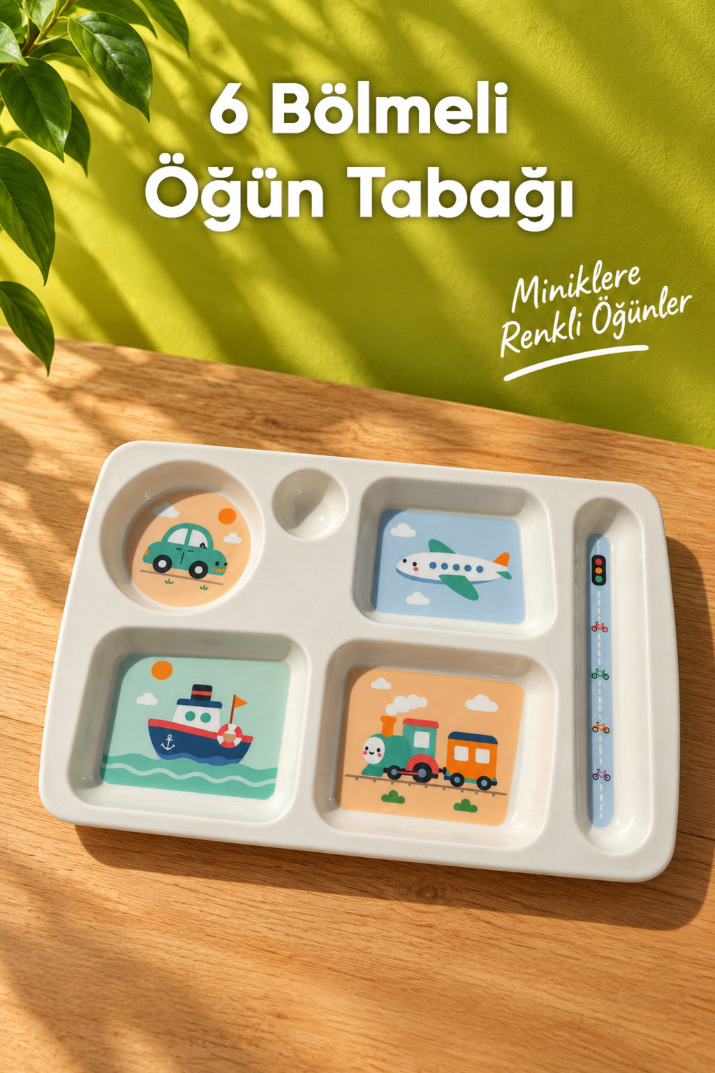 6 Bölmeli Melamin Çocuk Tabağı-Mama Tabağı-Ekstra Dayanıklı BPA Free Beslenme Tabağı- Araba