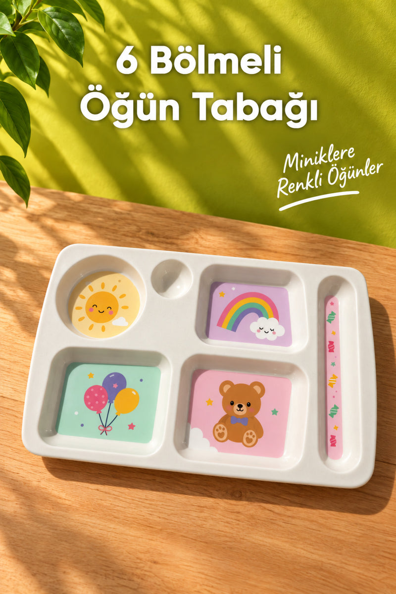 6 Bölmeli Melamin Çocuk Tabağı-Mama Tabağı-Ekstra Dayanıklı BPA Free Beslenme Tabağı- Güneş