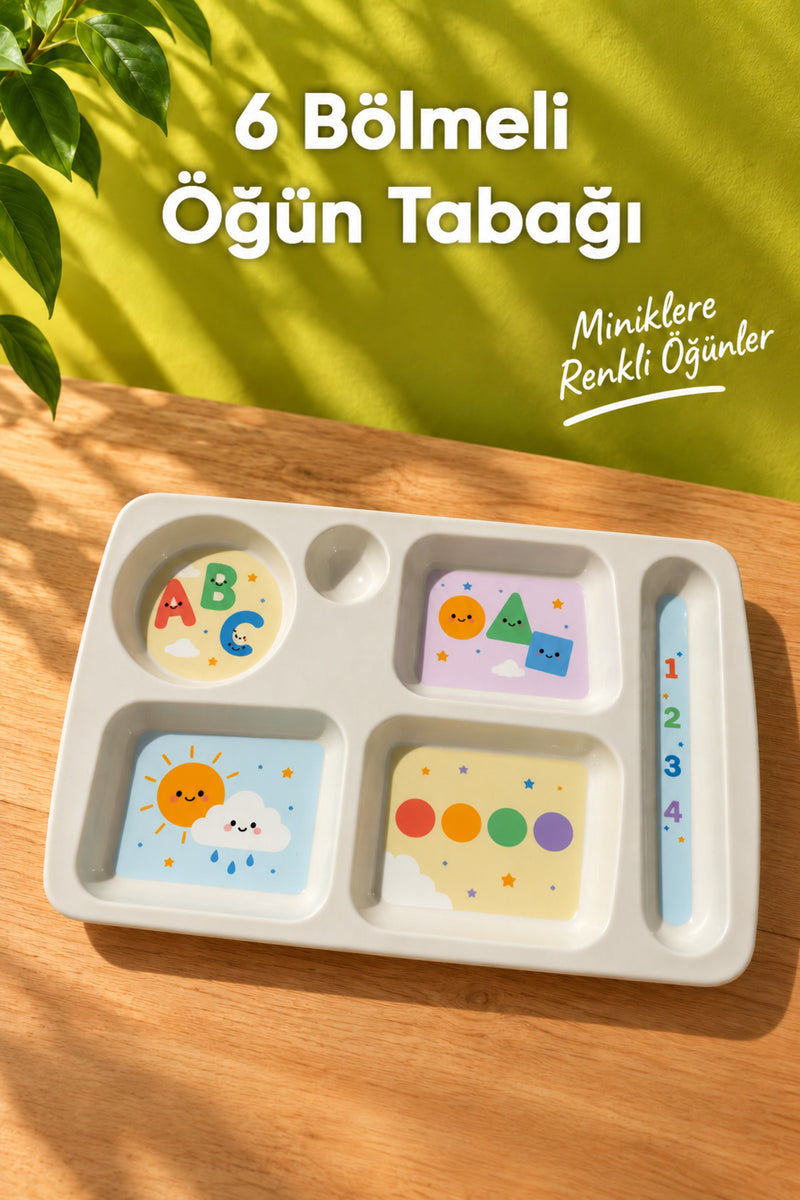 6 Bölmeli Melamin Çocuk Tabağı-Ekstra Dayanıklı BPA Free Beslenme Tabağı-Eğitici Çocuk Tabağı