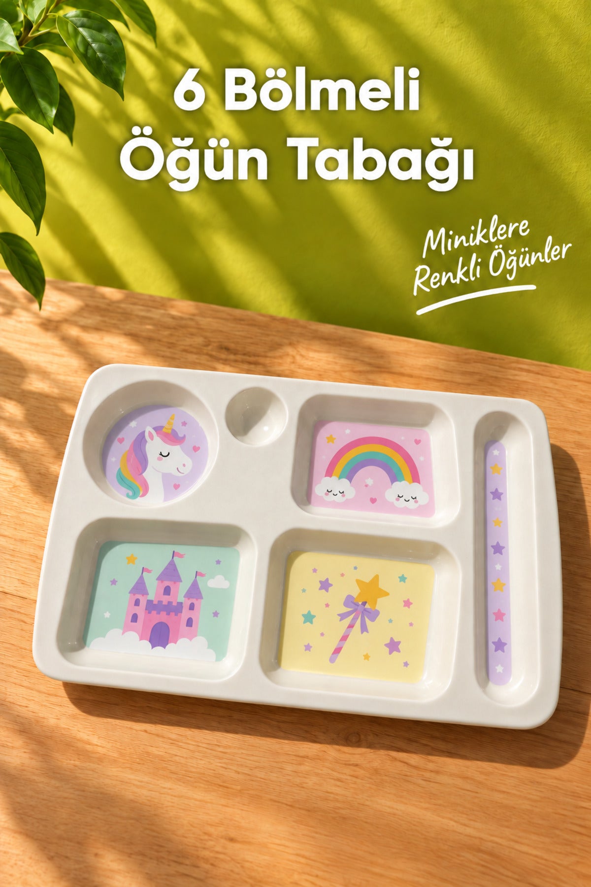 6 Bölmeli Melamin Çocuk Tabağı-Mama Tabağı-Ekstra Dayanıklı BPA Free Beslenme Tabağı- Unicorn