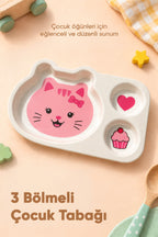 3 Bölmeli Hayvan Desenli Melamin Çocuk Tabağı-Ekstra Dayanıklı BPA Free Beslenme Tabağı- Pembe Kedi