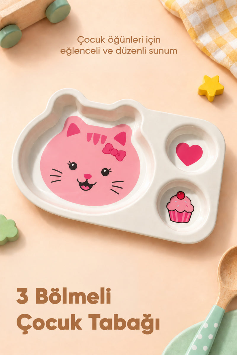 3 Bölmeli Hayvan Desenli Melamin Çocuk Tabağı-Ekstra Dayanıklı BPA Free Beslenme Tabağı- Pembe Kedi