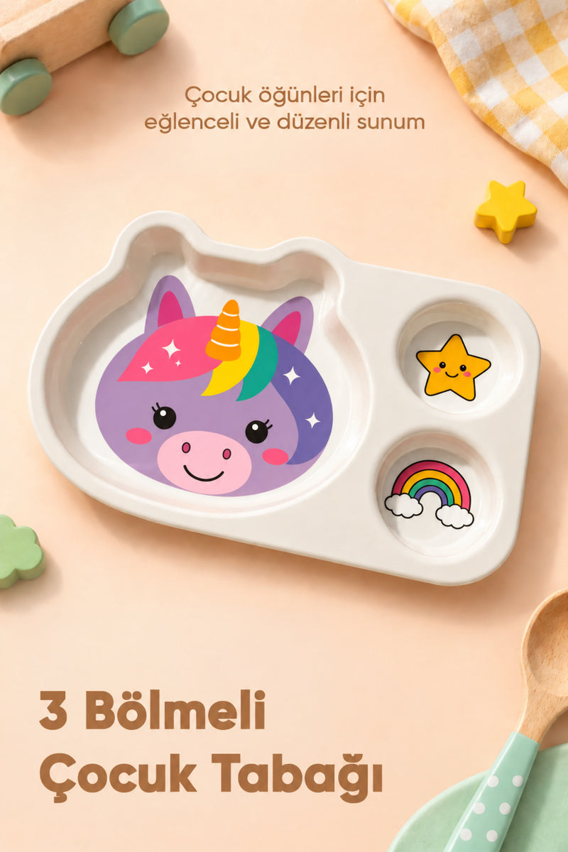 3 Bölmeli Hayvan Desenli Melamin Çocuk Tabağı-Ekstra Dayanıklı BPA Free Beslenme Tabağı- Unicorn