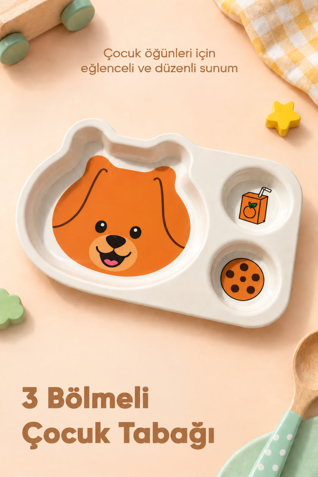 3 Bölmeli Hayvan Desenli Melamin Çocuk Tabağı-Ekstra Dayanıklı BPA Free Beslenme Tabağı-Köpek