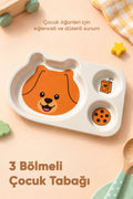 3 Bölmeli Hayvan Desenli Melamin Çocuk Tabağı-Ekstra Dayanıklı BPA Free Beslenme Tabağı-Köpek