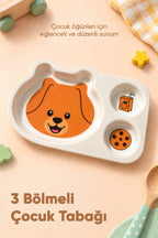 3 Bölmeli Hayvan Desenli Melamin Çocuk Tabağı-Ekstra Dayanıklı BPA Free Beslenme Tabağı-Köpek