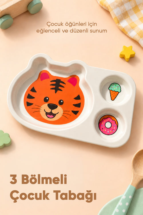 3 Bölmeli Hayvan Desenli Melamin Çocuk Tabağı-Ekstra Dayanıklı BPA Free Beslenme Tabağı- Kaplan