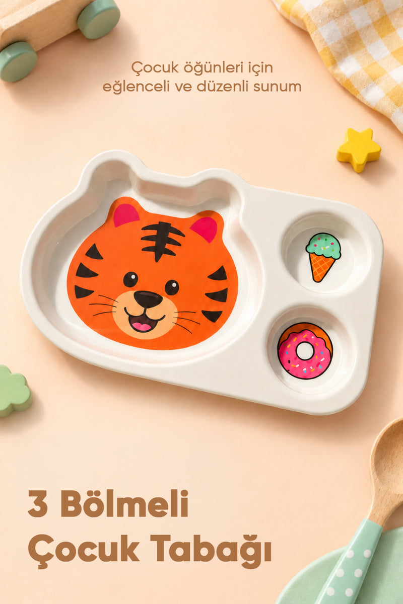 3 Bölmeli Hayvan Desenli Melamin Çocuk Tabağı-Ekstra Dayanıklı BPA Free Beslenme Tabağı- Kaplan