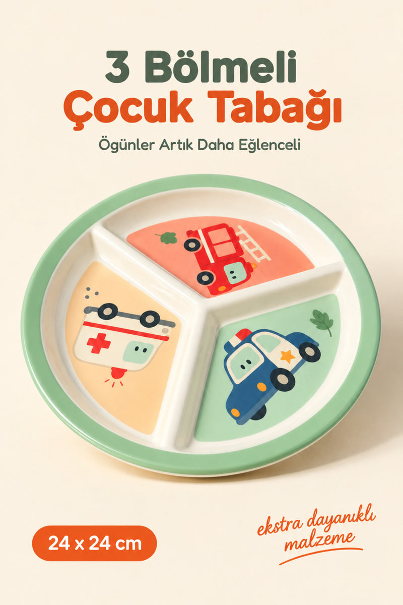3 Bölmeli Melamin Çocuk Tabağı-Mama Tabağı-Ekstra Dayanıklı BPA Free Beslenme Tabağı- Araba