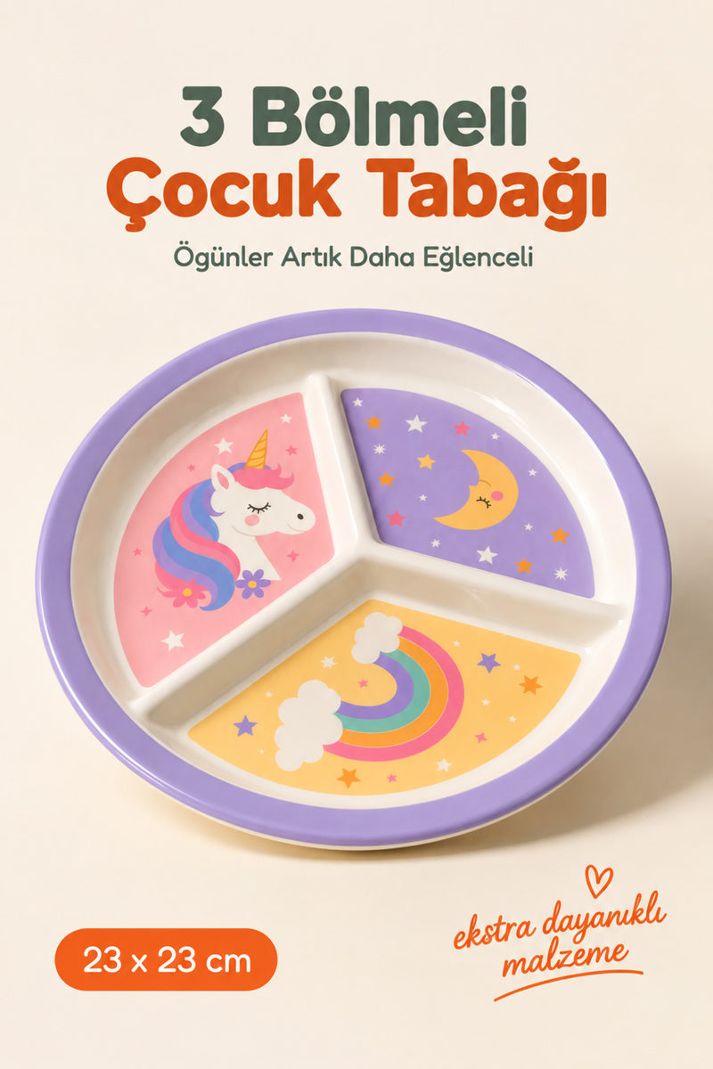 3 Bölmeli Melamin Çocuk Tabağı-Mama Tabağı-Ekstra Dayanıklı BPA Free Beslenme Tabağı- Unicorn