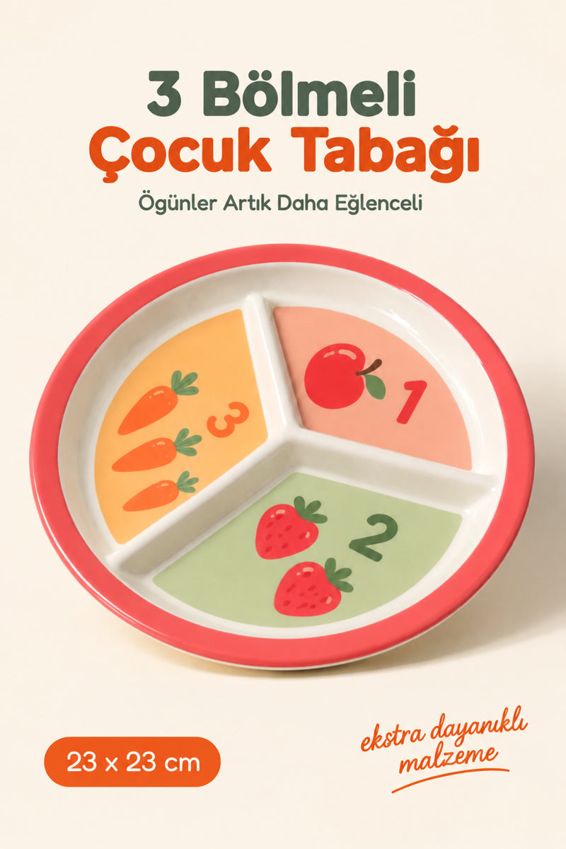 3 Bölmeli Melamin Çocuk Tabağı-Ekstra Dayanıklı BPA Free Beslenme Tabağ-Eğitici Sayılar Çocuk Tabağı