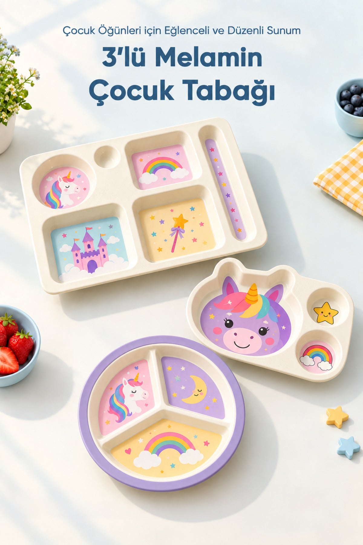 3'lü Melamin Çocuk Tabağı - Ekstra Dayanıklı BPA Free Beslenme Seti- Kırılmaz Çocuk Beslenme Tabağı - BSH-155