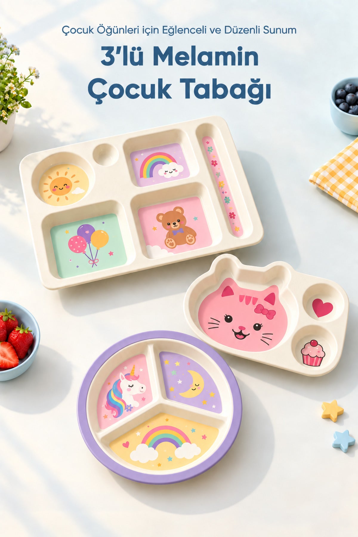3'lü Melamin Çocuk Tabağı - Ekstra Dayanıklı BPA Free Beslenme Seti- Kırılmaz Çocuk Beslenme Tabağı - BSH-157