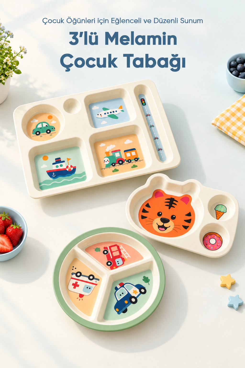 3'lü Melamin Çocuk Tabağı - Ekstra Dayanıklı BPA Free Beslenme Seti- Kırılmaz Çocuk Beslenme Tabağı - BSH-158
