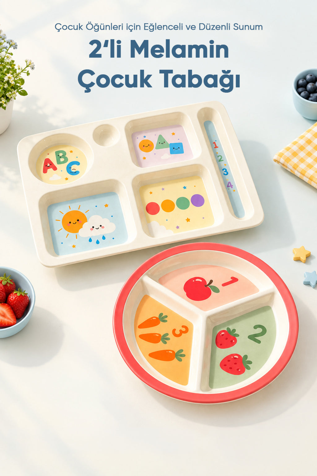 2'li Melamin Çocuk Tabağı - Ekstra Dayanıklı BPA Free Beslenme Seti- Kırılmaz Çocuk Beslenme Tabağı - BSH-159