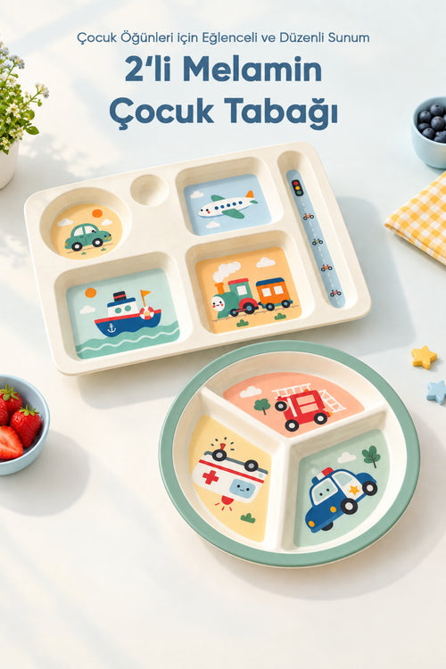 2'li Melamin Çocuk Tabağı - Ekstra Dayanıklı BPA Free Beslenme Seti- Kırılmaz Çocuk Beslenme Tabağı - BSH-161