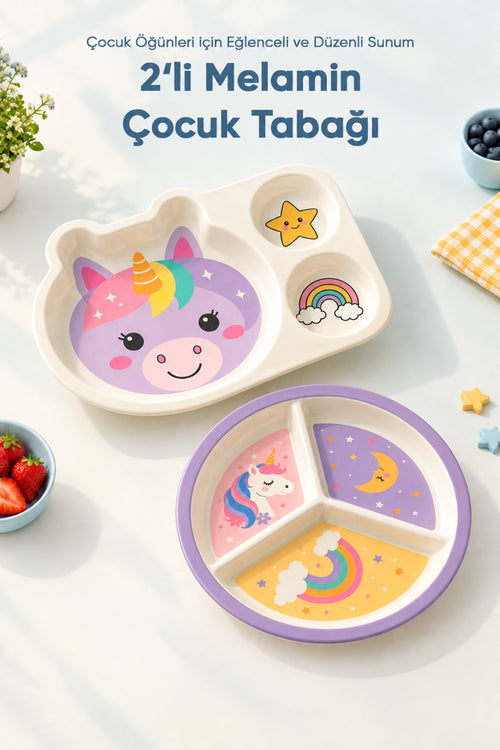 2'li Melamin Çocuk Tabağı - Ekstra Dayanıklı BPA Free Beslenme Seti- Kırılmaz Çocuk Beslenme Tabağı - BSH-162