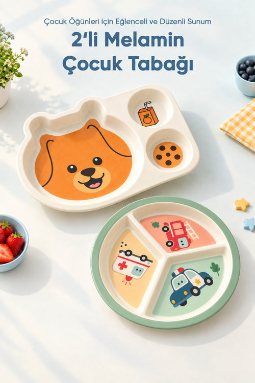 2'li Melamin Çocuk Tabağı - Ekstra Dayanıklı BPA Free Beslenme Seti- Kırılmaz Çocuk Beslenme Tabağı - BSH-163