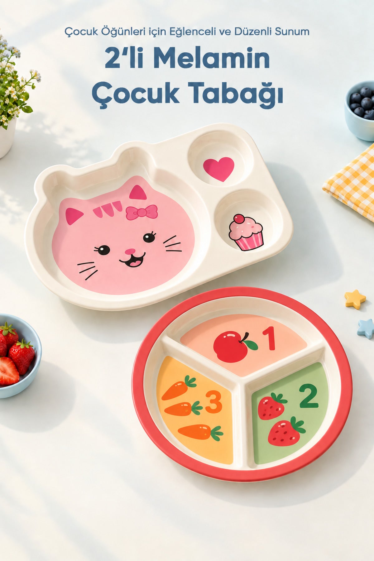 2'li Melamin Çocuk Tabağı - Ekstra Dayanıklı BPA Free Beslenme Seti- Kırılmaz Çocuk Beslenme Tabağı - BSH-164