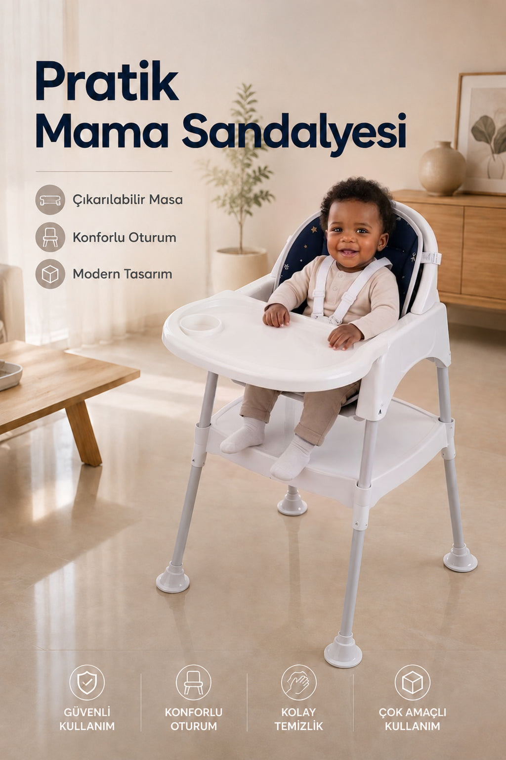 Bebek Mama Oturağı- Çok Fonksiyonlu Bebek Mama Sandalyesi ve Dönüştürülebilir Oyun Masası Seti-Beyaz