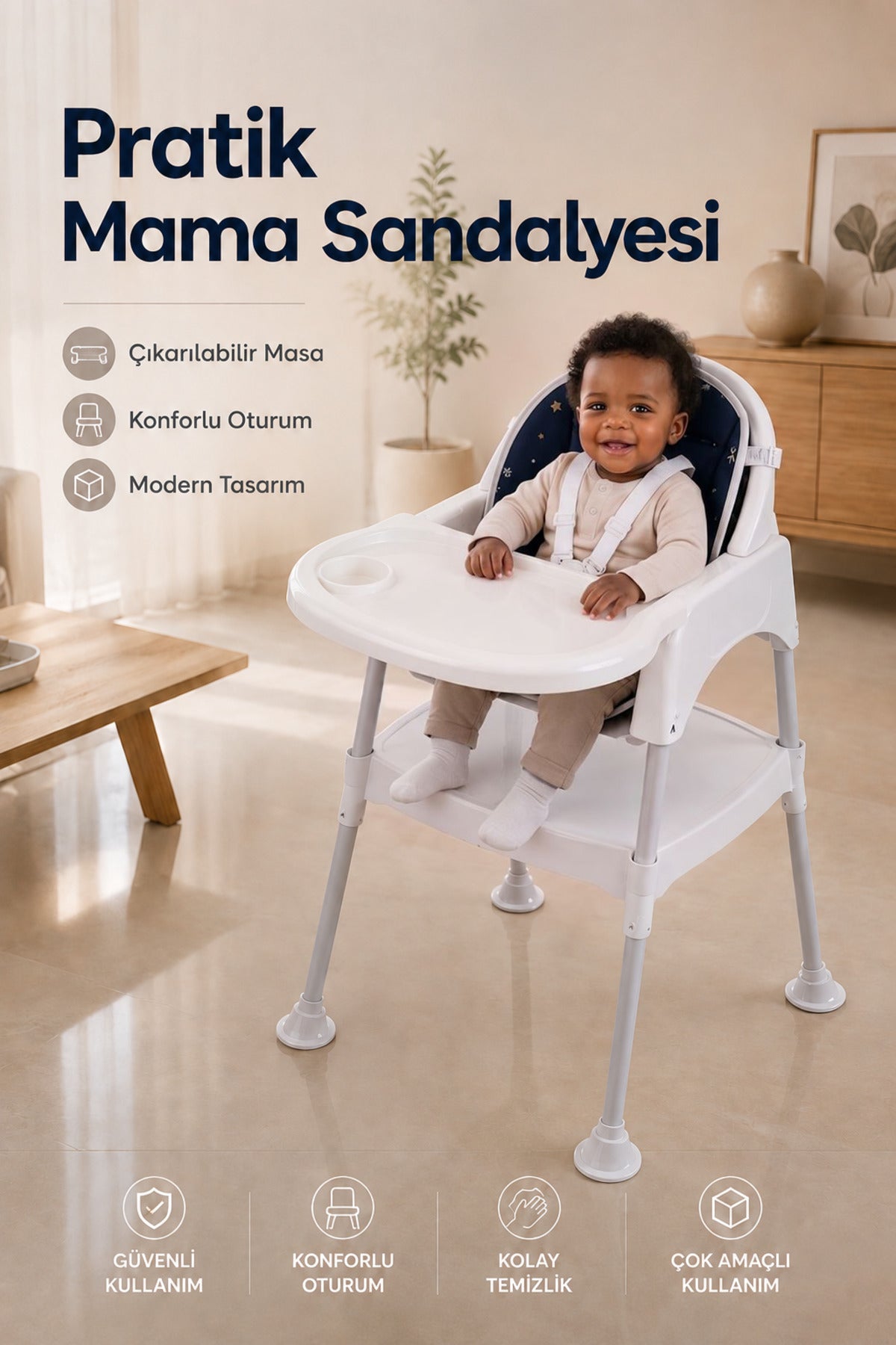 Bebek Mama Oturağı- Çok Fonksiyonlu Bebek Mama Sandalyesi ve Dönüştürülebilir Oyun Masası Seti-Beyaz
