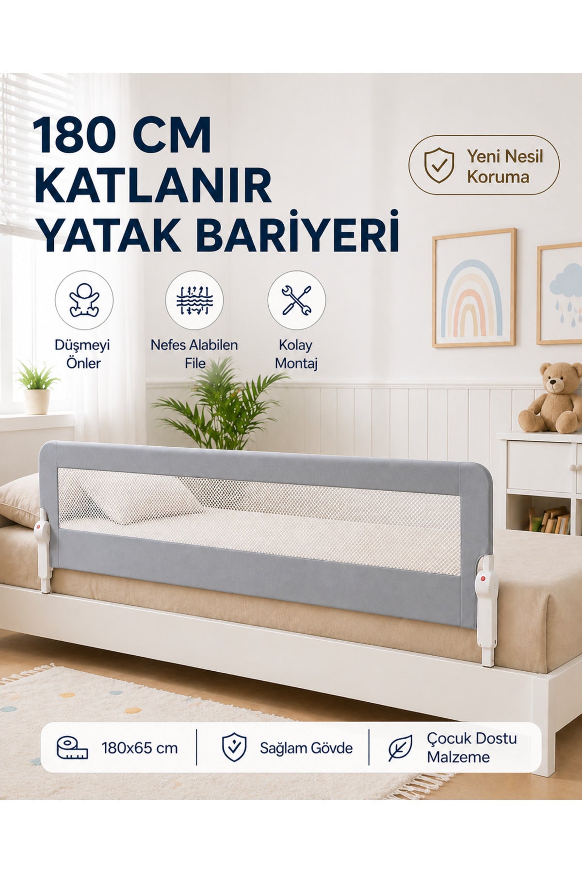 180 Cm Yatak Bariyeri - Mega Boy Güvenlik Bariyeri Koruyucu Bariyer,Bebek Bariyeri Büyük Boy-Gri