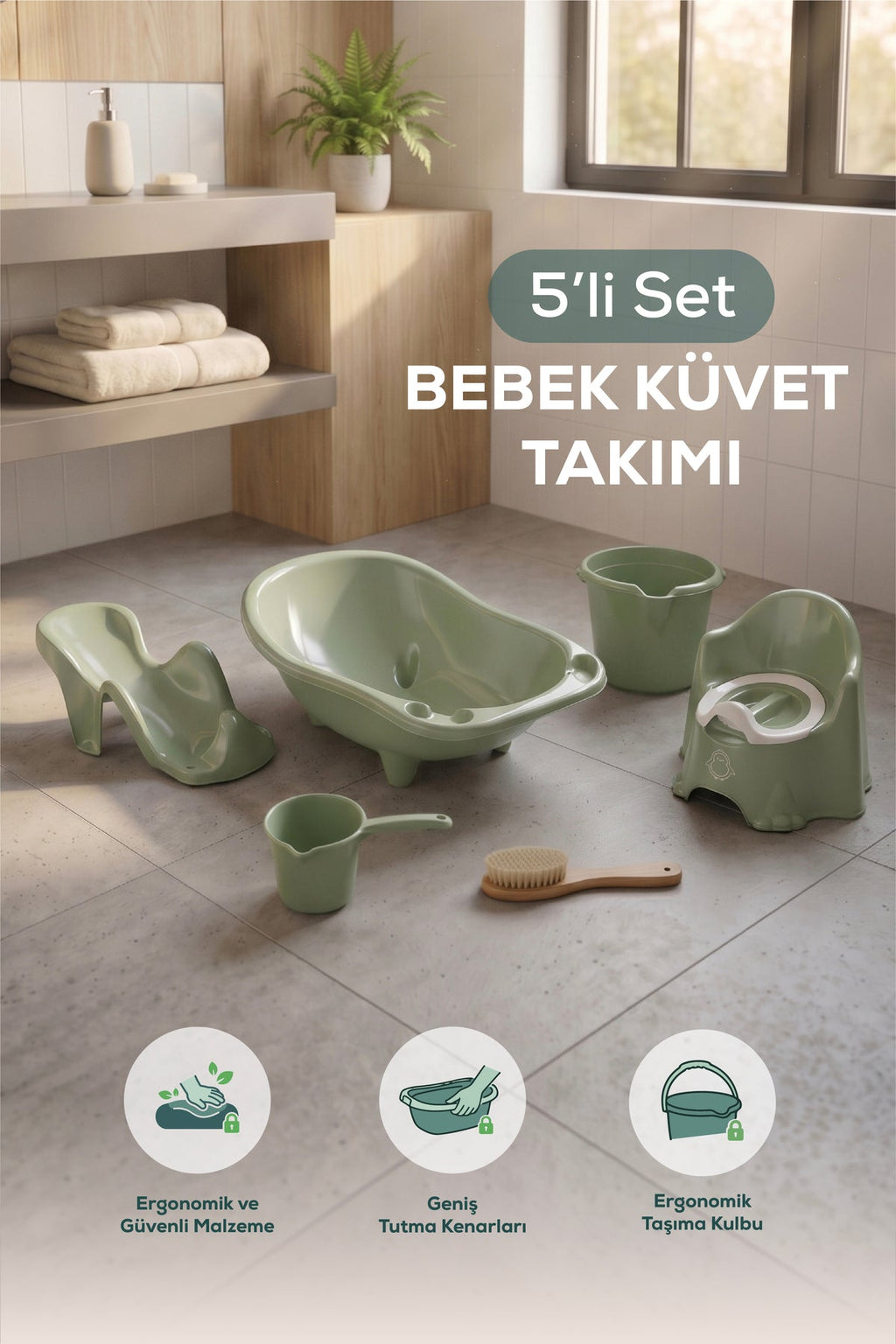 5'li Set Fileli Yenidoğan Küvet Seti Yeşil wumboo-color-yesil