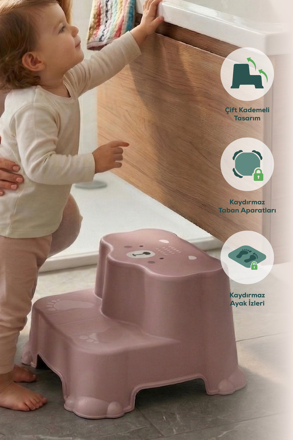 Kaydırmaz Çocuk Basamağı - Çift Katlı Banyo Merdiven Yükseltici Bebek Basamağı -Pembe
