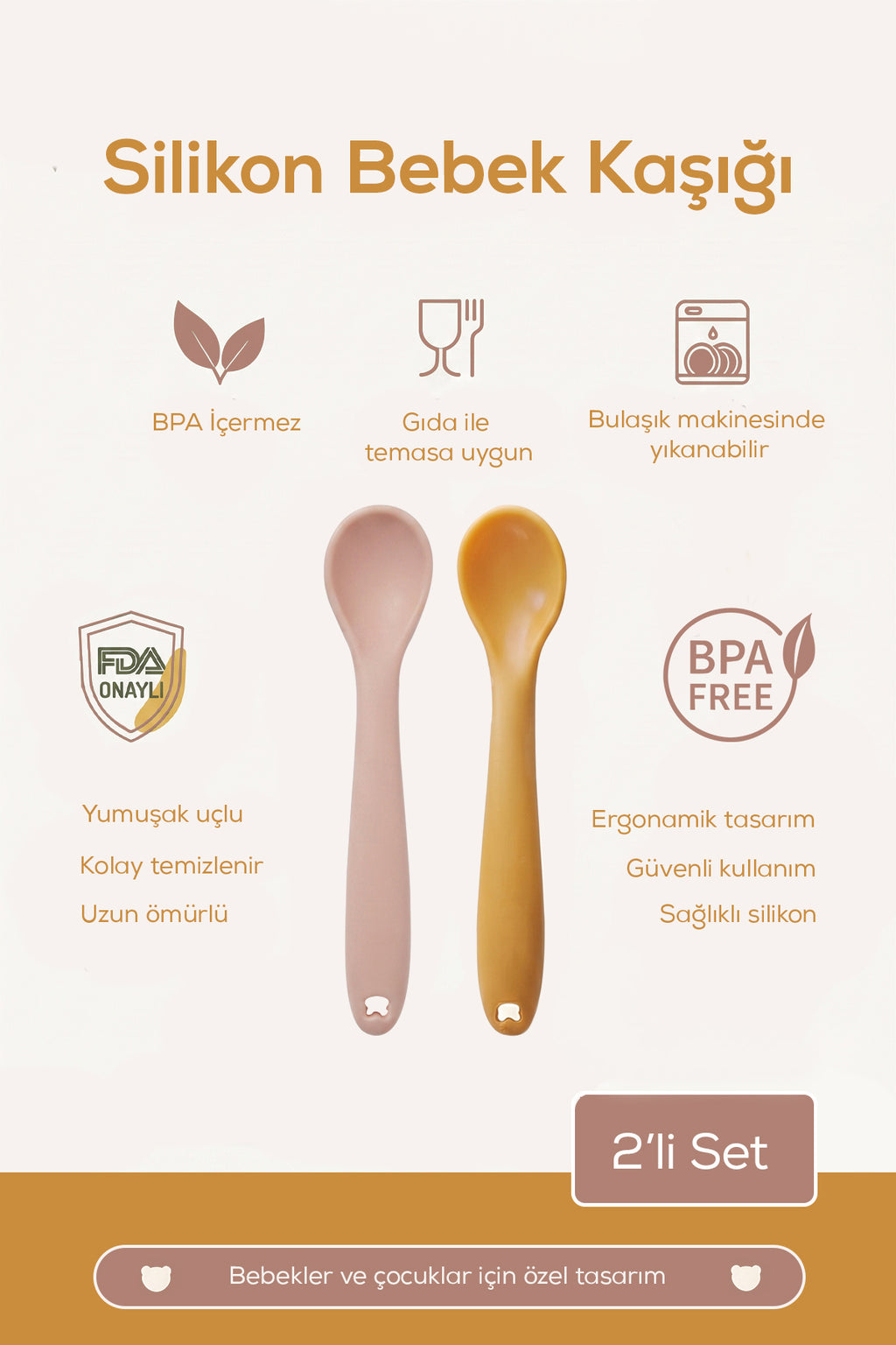 2'li Yumuşak Uçlu , Dişlik özellikli Silikon Mama Kaşığı - Bebek Beslenme Kaşığı-Turuncu/Pembe