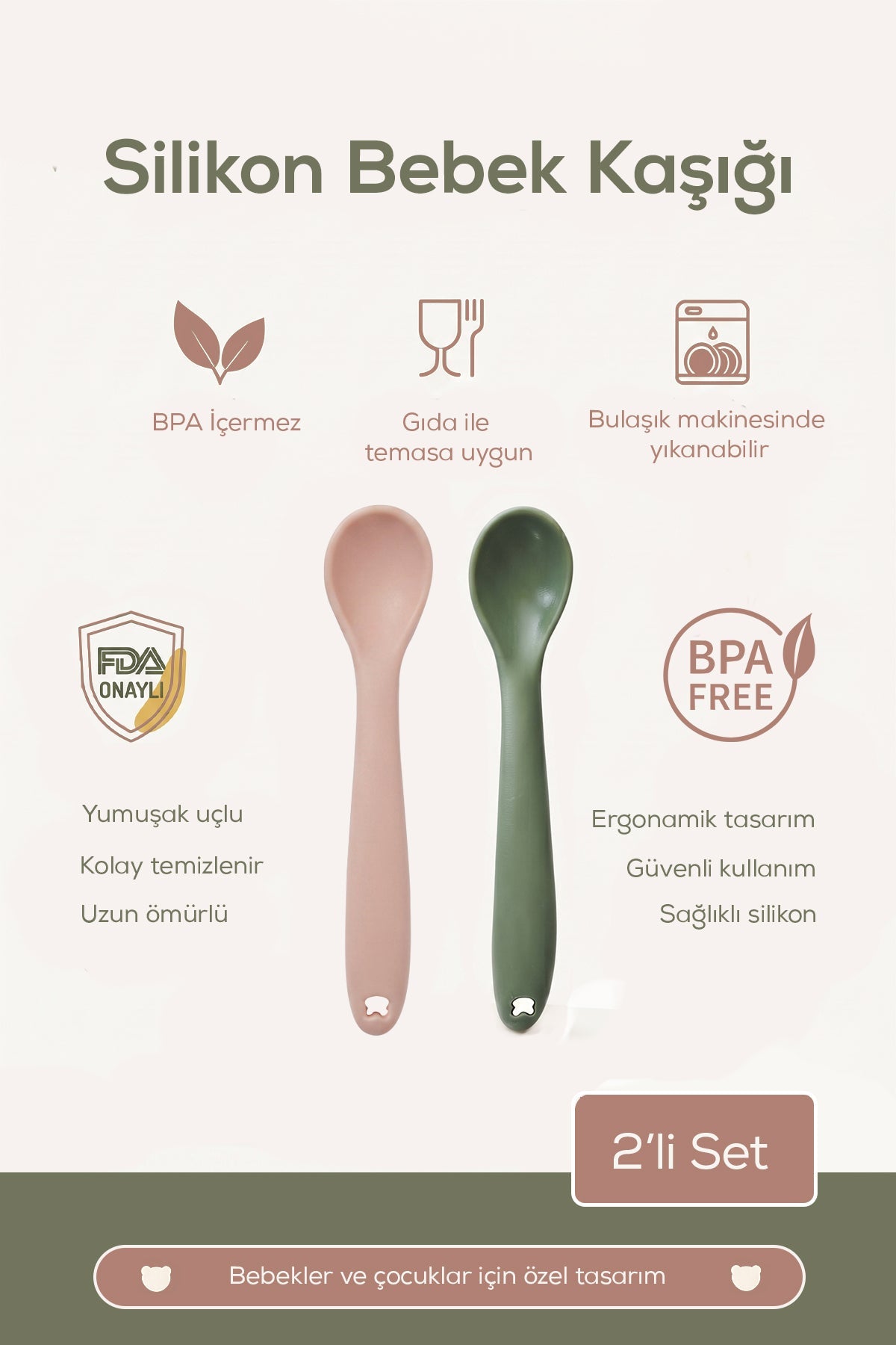 2'li Yumuşak Uçlu , Dişlik özellikli Silikon Mama Kaşığı - Bebek Beslenme Kaşığı-Yeşil/Pembe wumboo-color-pembe