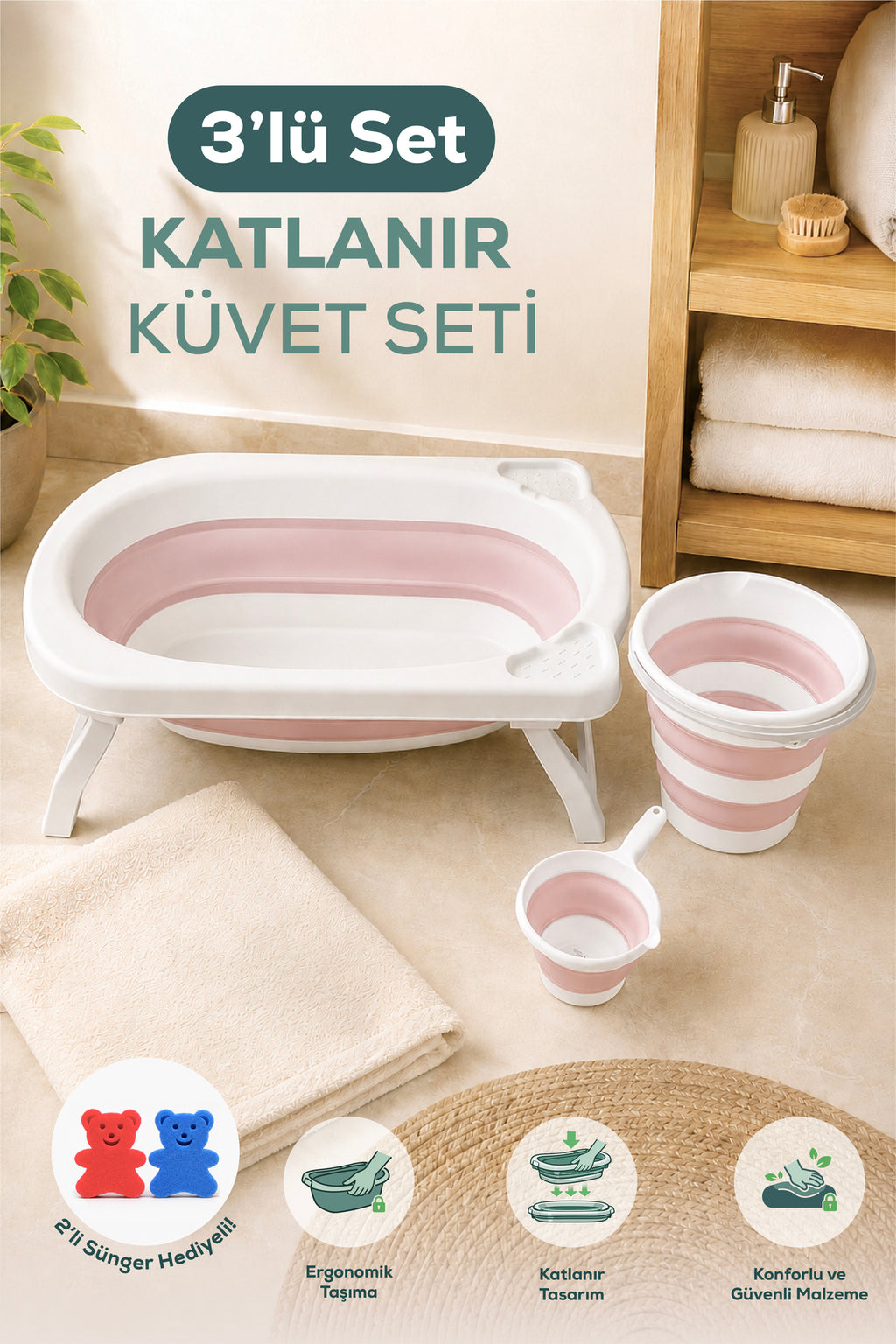 3'lü Katlanır Bebek Banyo Seti - Katlanır Bebek Küveti, Maşrapa,Kova Seti -2 Sünger Hediyeli-Pembe