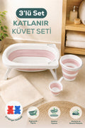 3'lü Katlanır Bebek Banyo Seti - Katlanır Bebek Küveti, Maşrapa,Kova Seti -2 Sünger Hediyeli-Pembe
