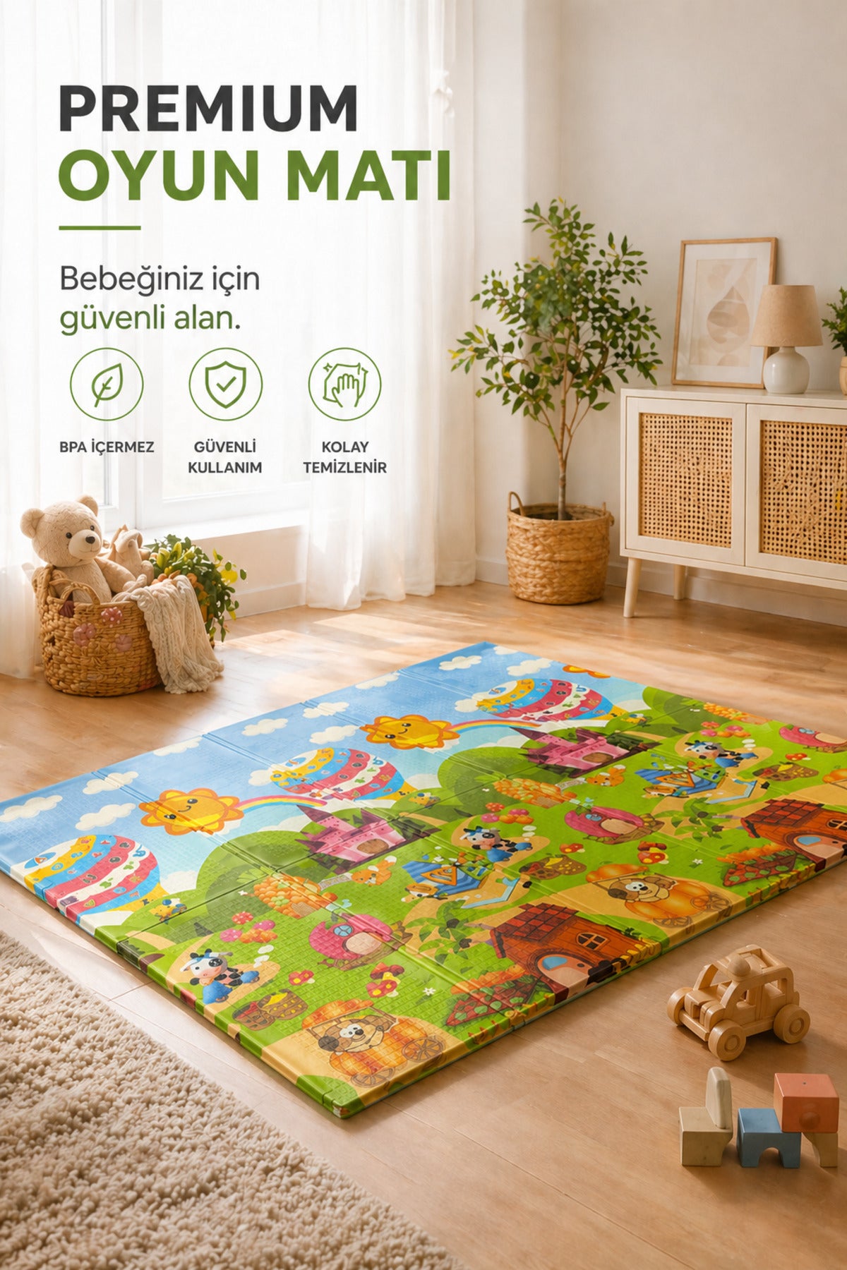 Katlanabilir Oyun Halısı ,Oyun Matı - Tek Taraflı Katlanır Mat, Oyun Matı 200x130 cm-Eğlence Parkı