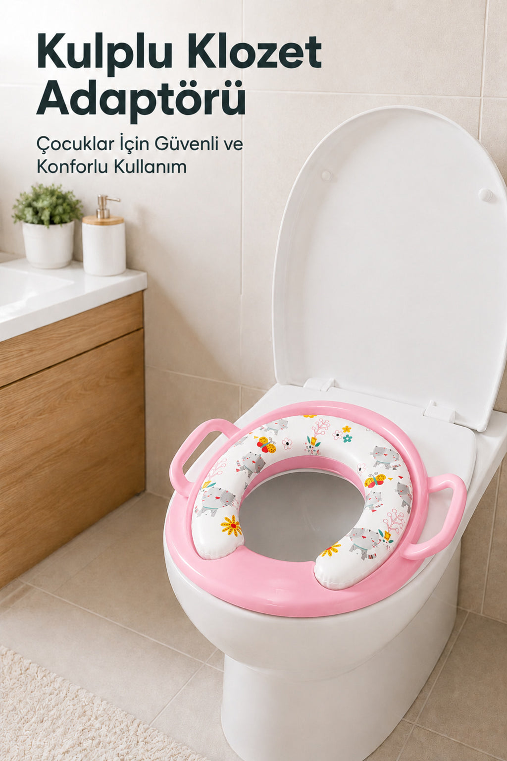 Portatif Süngerli Klozet adaptörü,Yumuşak Süngerli Kaymaz Taban Tutma Kollu Klozet Adaptörü-Pembe Asorti