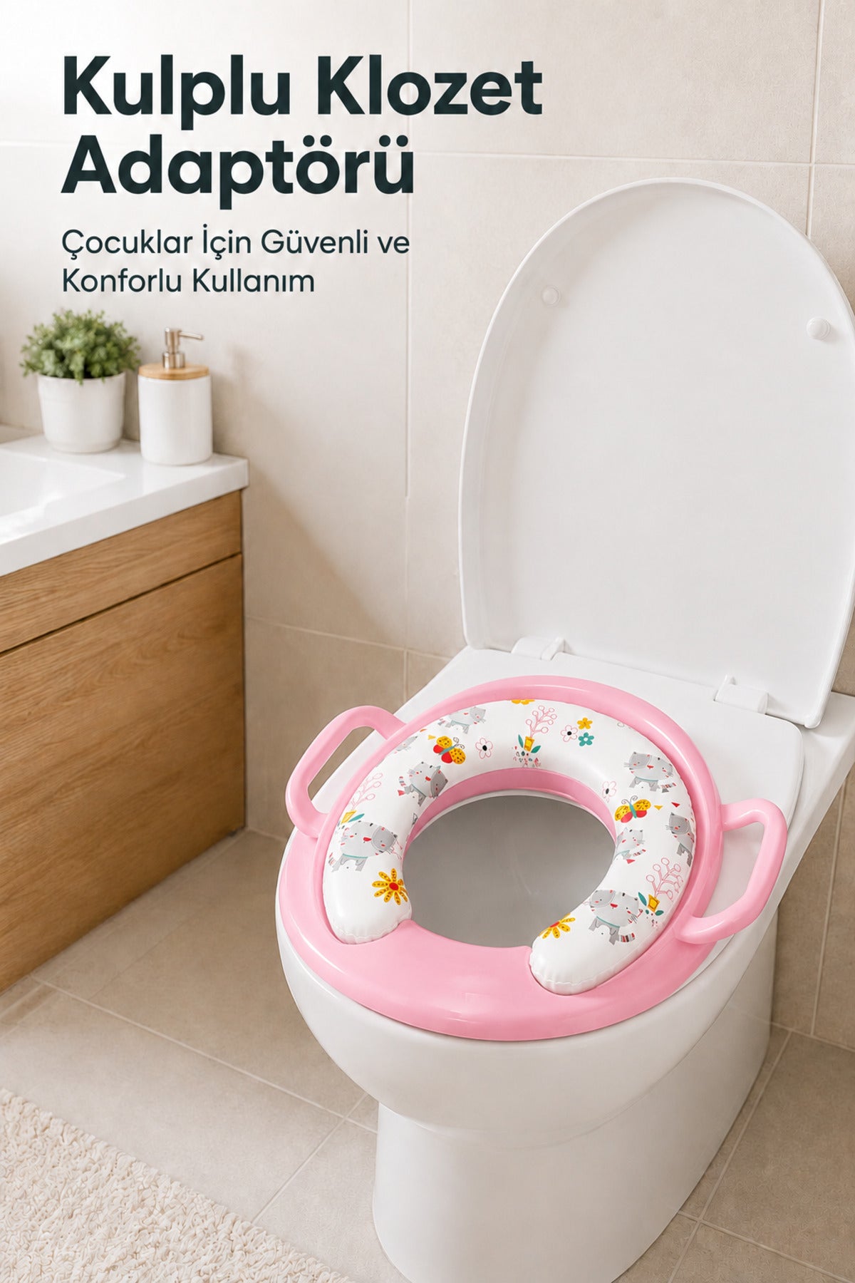 Portatif Süngerli Klozet adaptörü,Yumuşak Süngerli Kaymaz Taban Tutma Kollu Klozet Adaptörü-Pembe Asorti