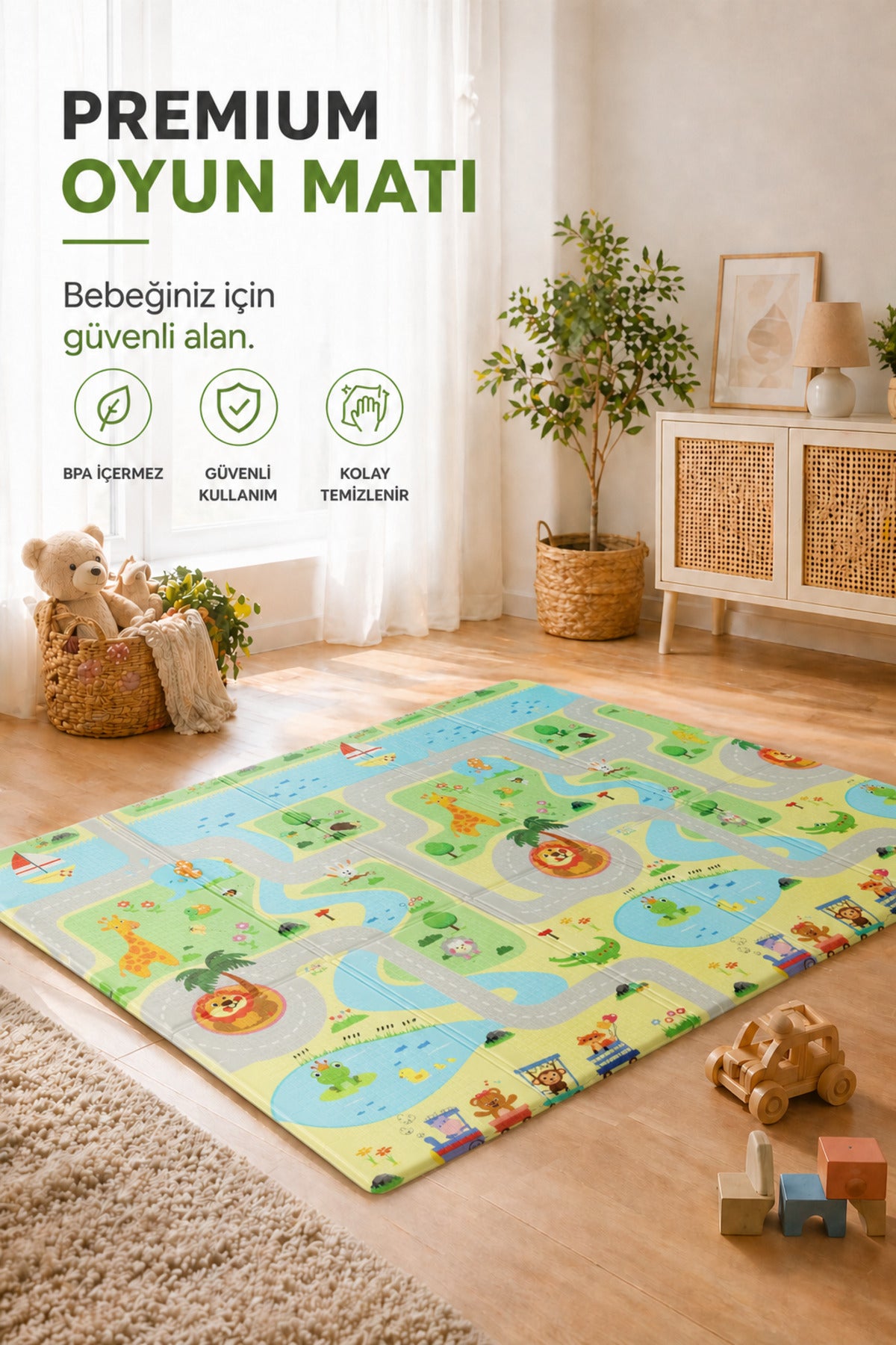 Katlanabilir Oyun Halısı ,Oyun Matı - Tek Taraflı Katlanır Mat, Oyun Matı 200x130 cm-Yeşil Yol