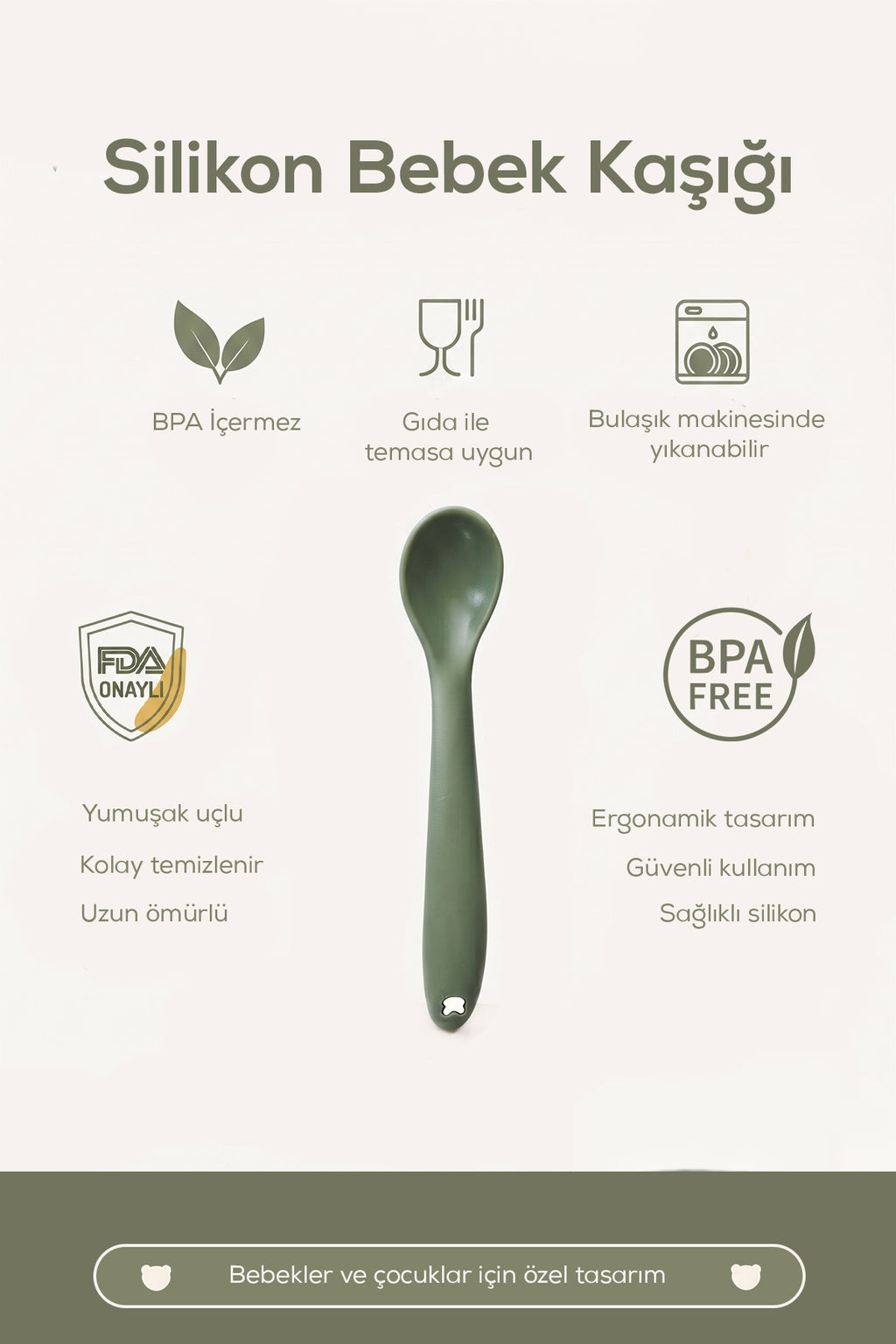 Yumuşak Uçlu , Dişlik özellikli Silikon Mama Kaşığı - Ek Gıda Geçiş Kaşığı -Beslenme Kaşığı-Yeşil