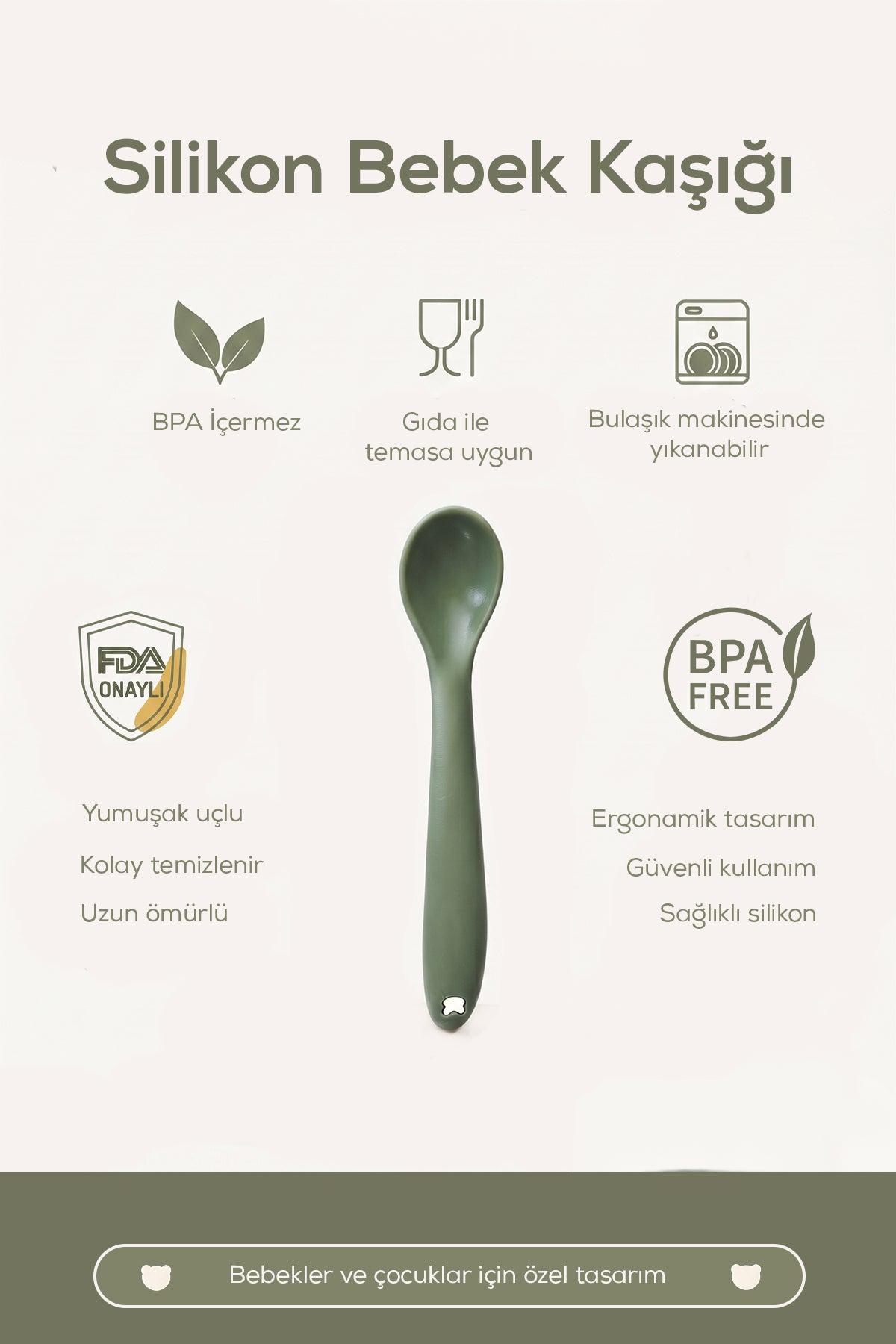 Yumuşak Uçlu , Dişlik özellikli Silikon Mama Kaşığı - Ek Gıda Geçiş Kaşığı -Beslenme Kaşığı-Yeşil