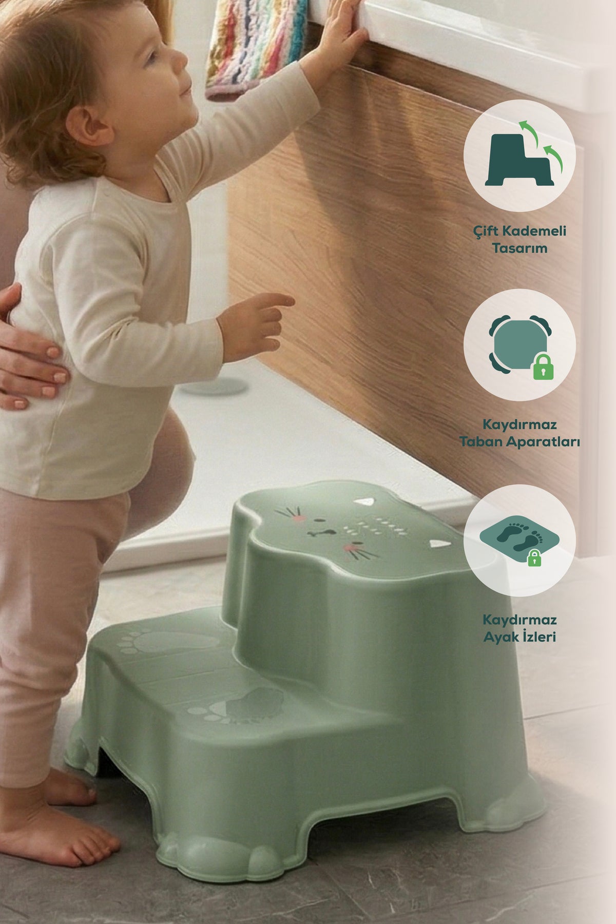 Kaydırmaz Çocuk Basamağı - Çift Katlı Banyo Merdiven Yükseltici Bebek Basamağı -Yeşil