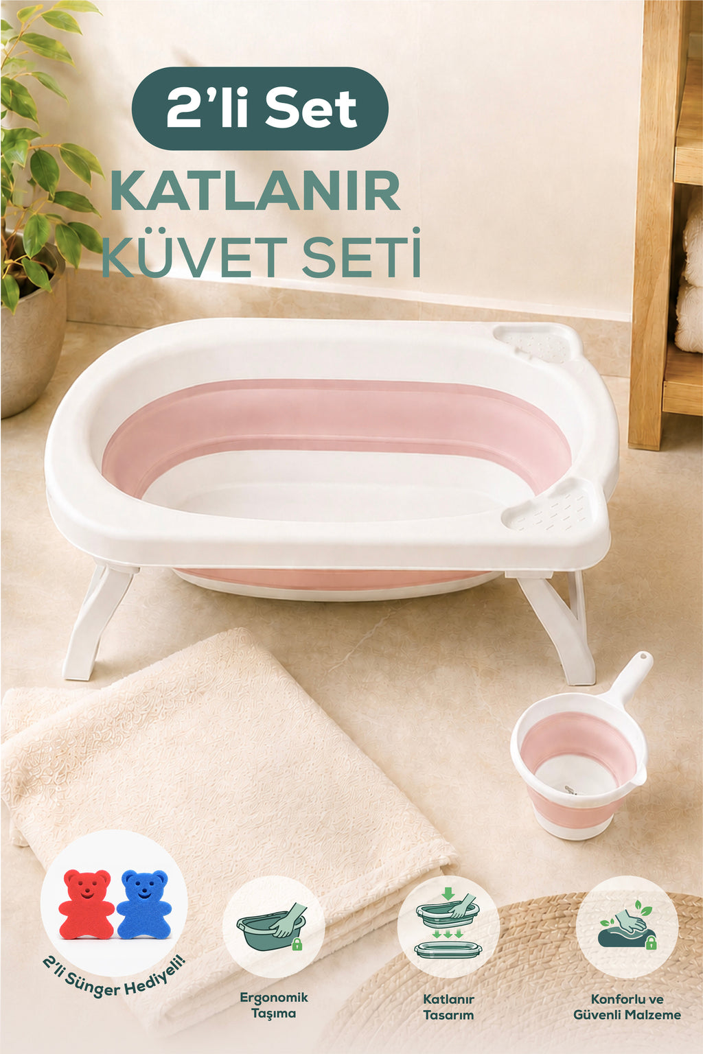 2'li Katlanır Bebek Banyo Seti - Katlanır Bebek Küveti, Maşrapa Seti,-2 Sünger Hediyeli-Pembe