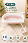 2'li Katlanır Bebek Banyo Seti - Katlanır Bebek Küveti, Maşrapa Seti,-2 Sünger Hediyeli-Pembe