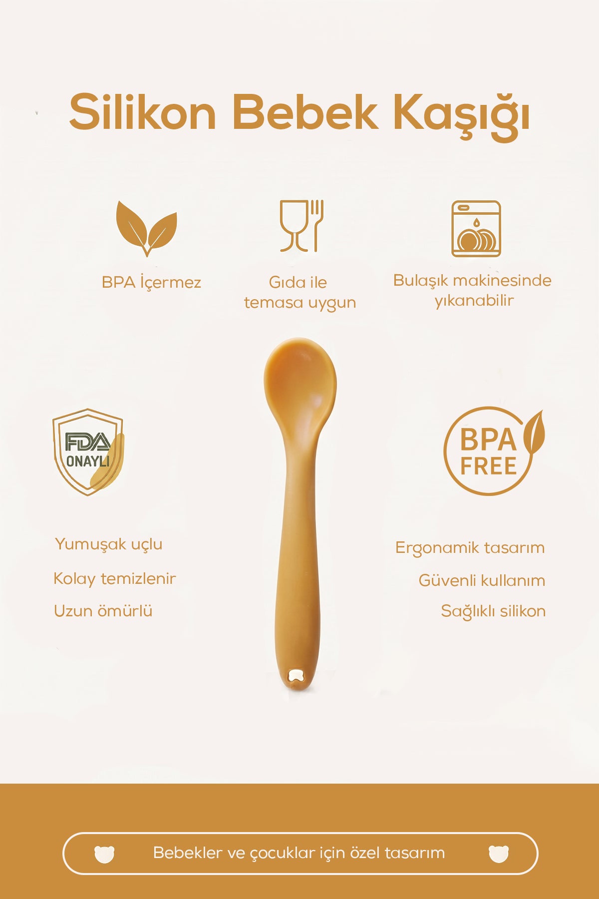 Yumuşak Uçlu , Dişlik özellikli Silikon Mama Kaşığı - Ek Gıda Geçiş Kaşığı -Beslenme Kaşığı-Turuncu
