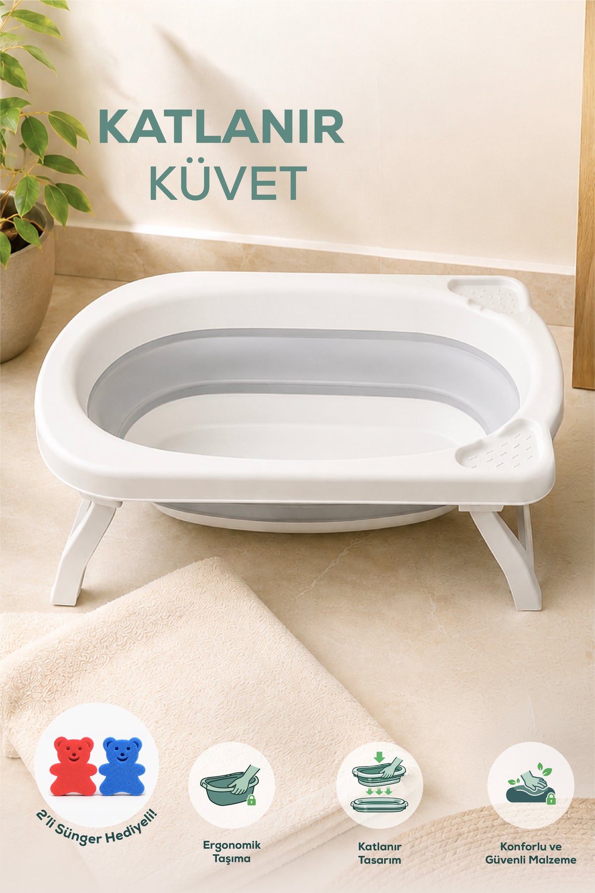 Katlanır Bebek Küveti-Katlanır Küvet, Portatif Bebek Küveti,2 Sünger Hediyeli -Gri