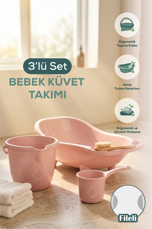 3'lü Set Fileli Yenidoğan Küvet Seti Pembe wumboo-color-pembe