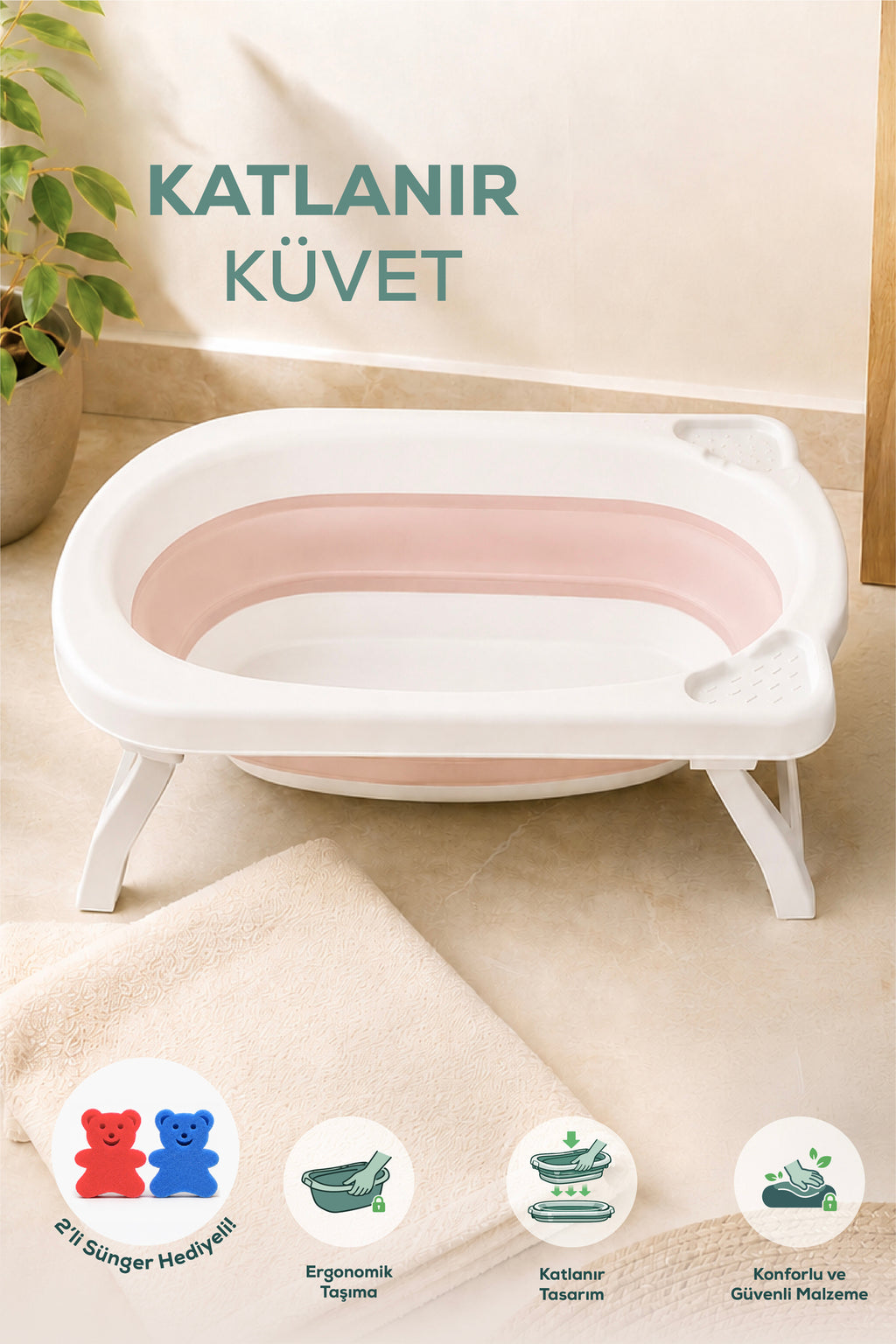 Katlanır Bebek Küveti-Katlanır Küvet, Portatif Bebek Küveti,2 Sünger Hediyeli -Pembe