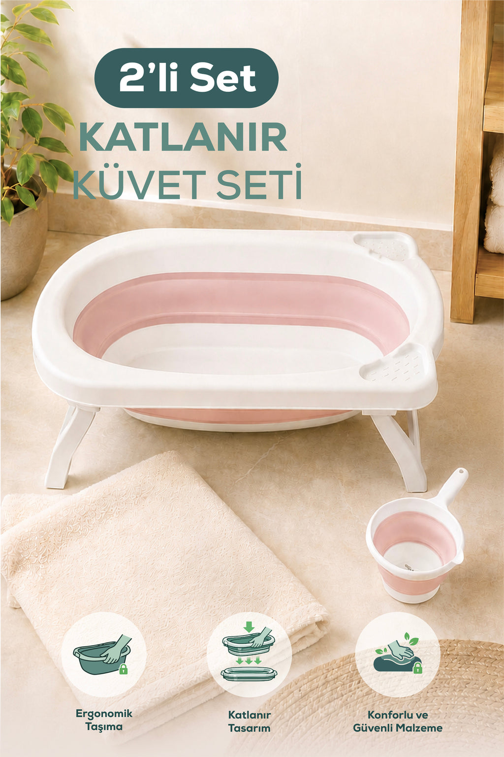 2'li Katlanır Bebek Banyo Seti - Katlanır Bebek Küveti, Maşrapa Setii-Pembe