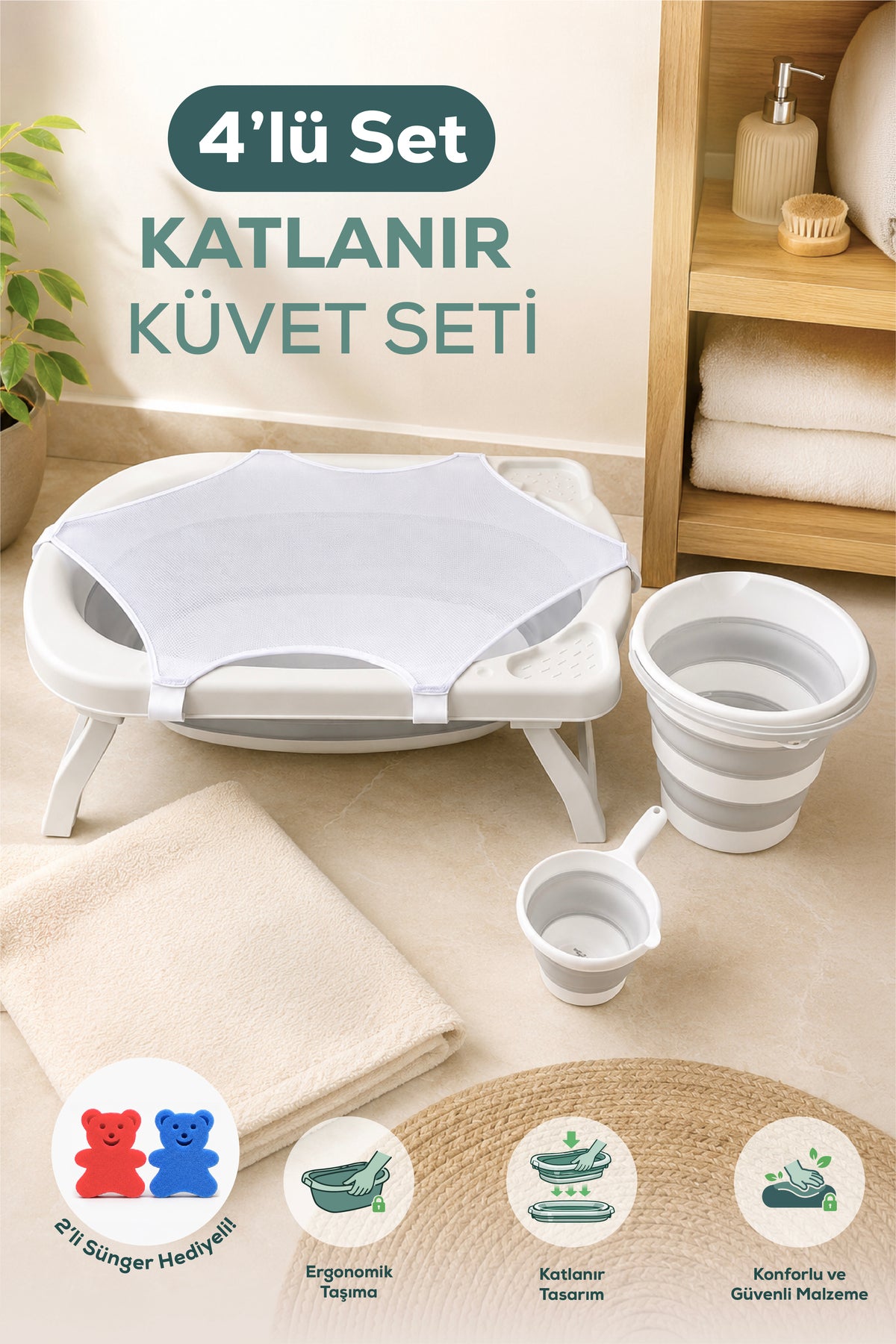 4^lü Katlanır Bebek Banyo Seti -Katlanır Bebek Küveti, Maşrapa,Kova Seti ,File, 2 Sünger Hediye-Gri
