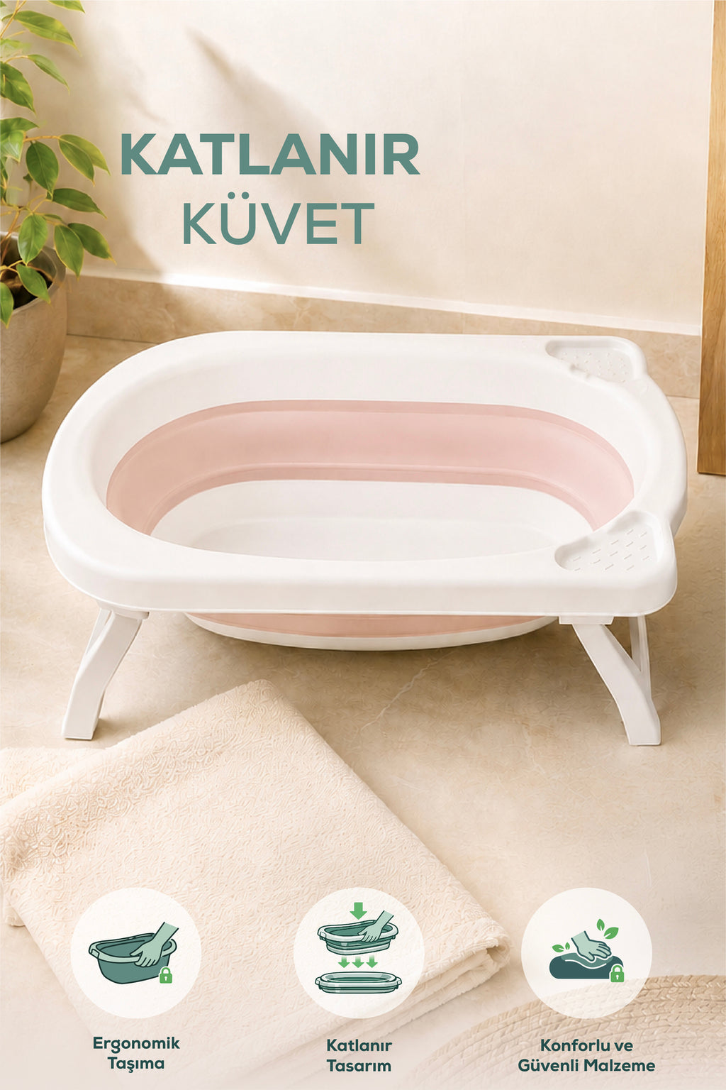 Katlanır Bebek Küveti-Katlanır Küvet, Portatif Bebek Küveti-Pembe